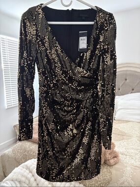 Guess Black and Gold Sequin Long Sleeve Dress